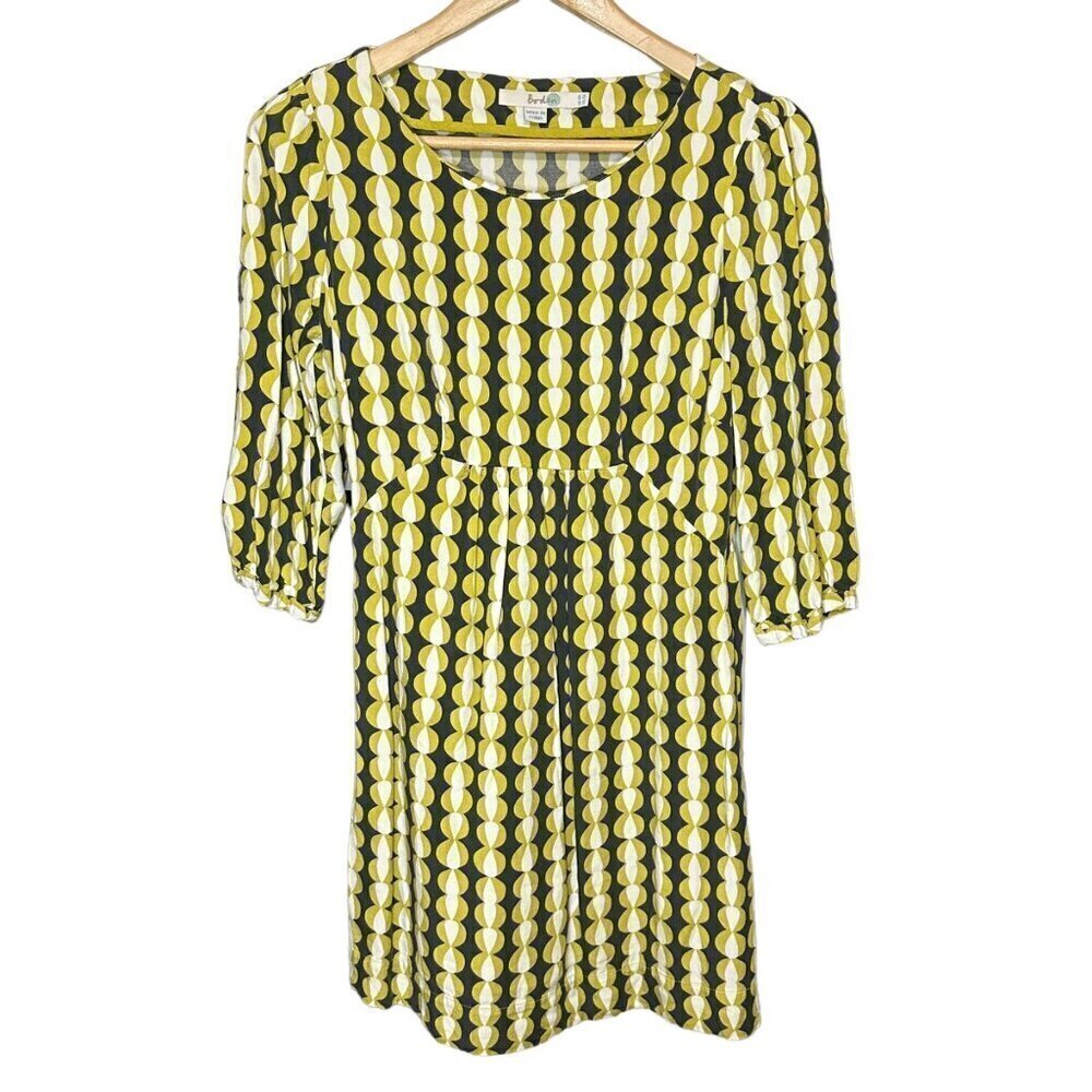 BODEN Retro Style Geometric Print Dress 3/4 Quarter‎ Sleeves Yellow Black Size 4